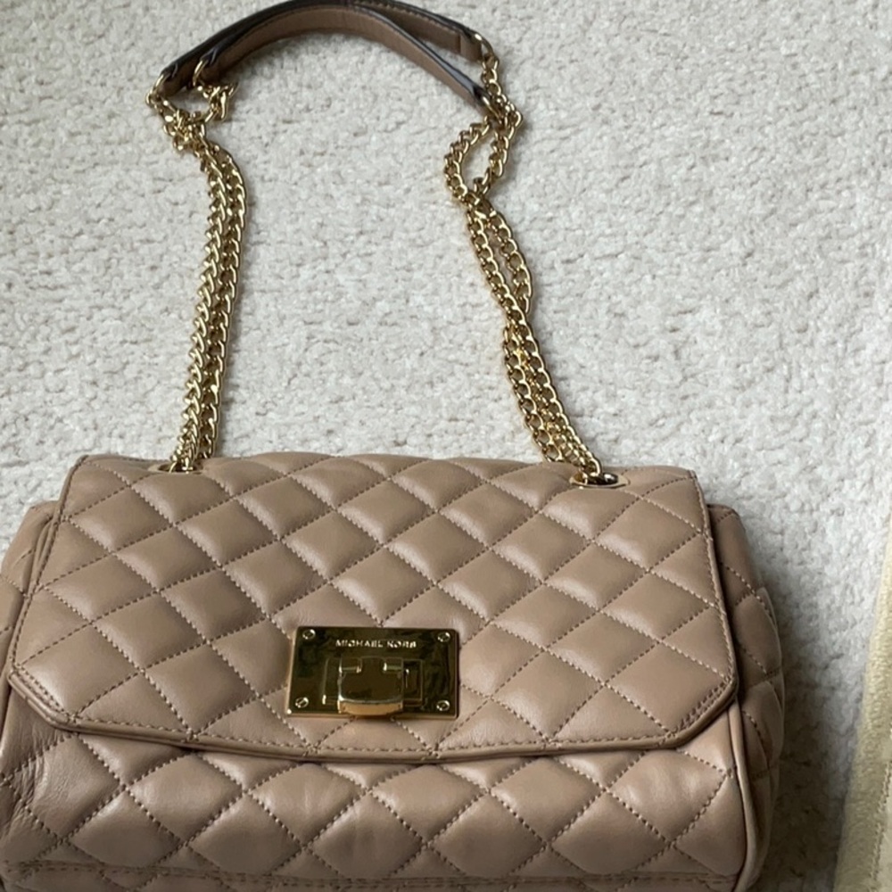 Michael Kors Quilted Shoulder Bag in Taupe with Gold Chain